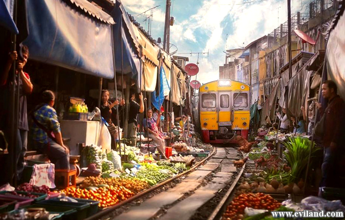 Train entering between of vegetable market