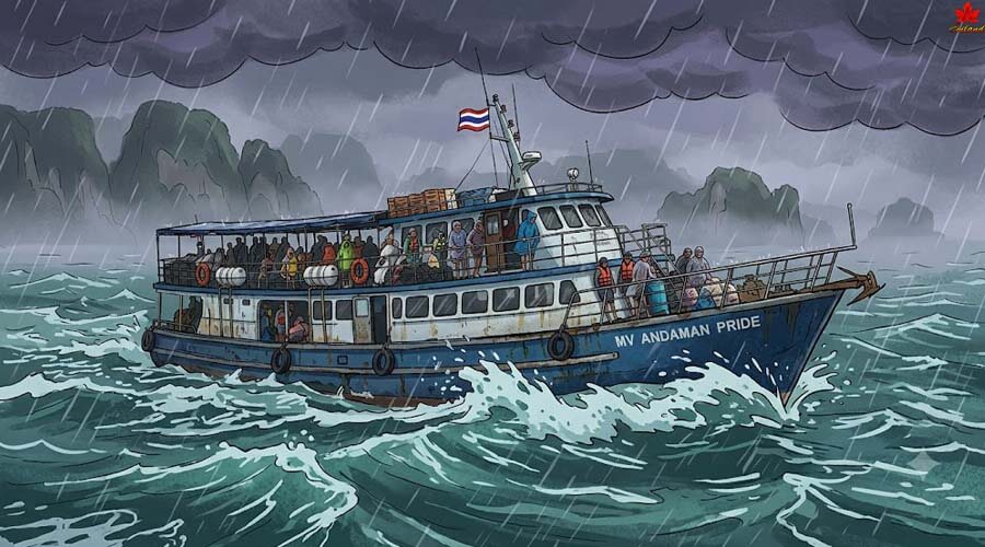 Ferry in bad rainy climate